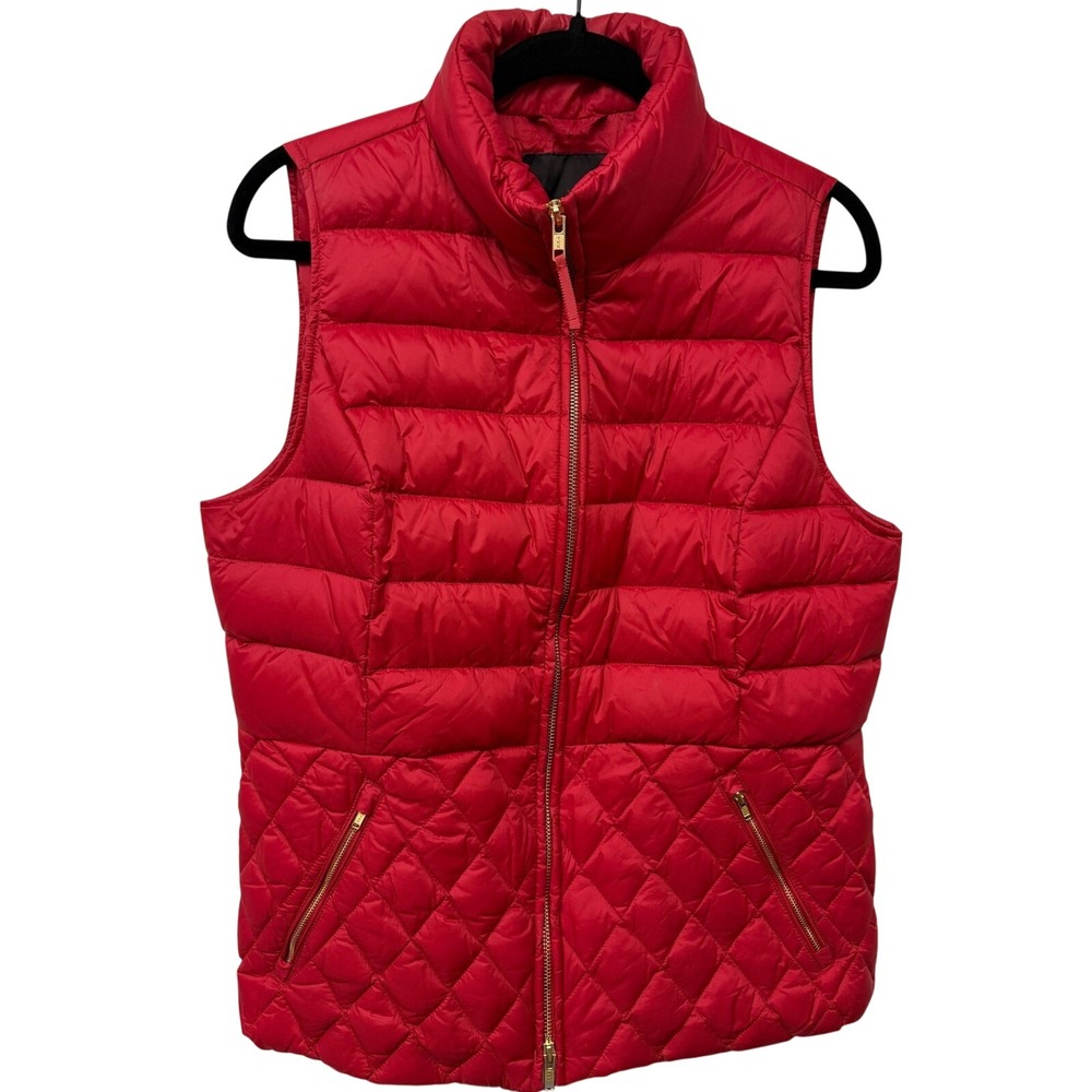 Talbots Womens Red Down Puffer Vest Quilted Full Zip Stand Collar Size Medium